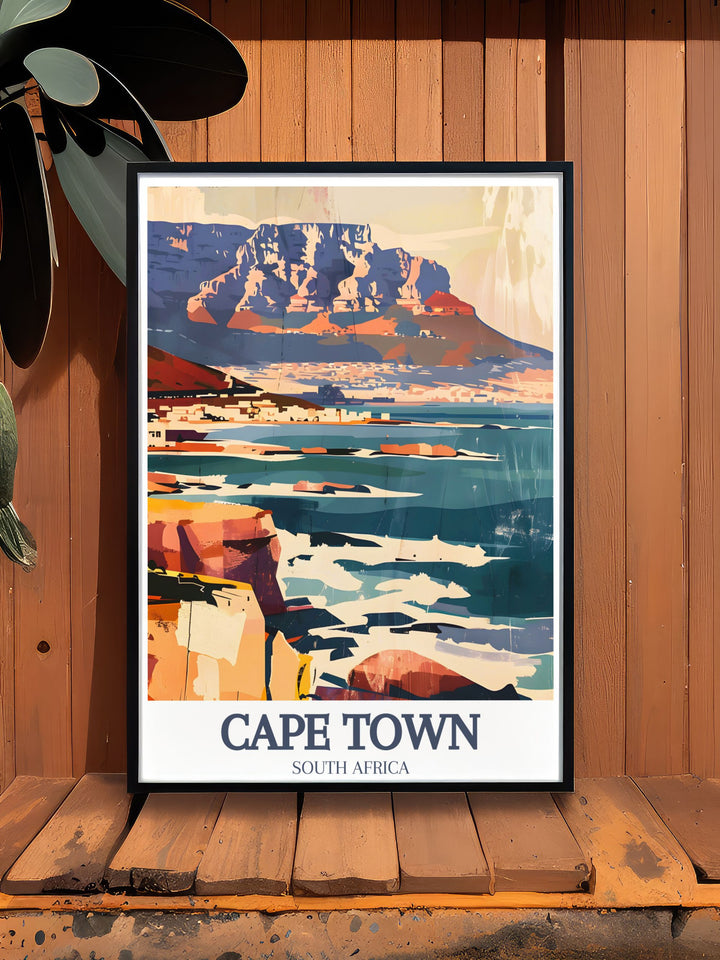 South Africa travel poster featuring Table Mountain and Cape of Good Hope. This Cape Town art print is perfect for anyone who loves South Africas scenic beauty and wants to add a touch of Cape Town to their home decor.