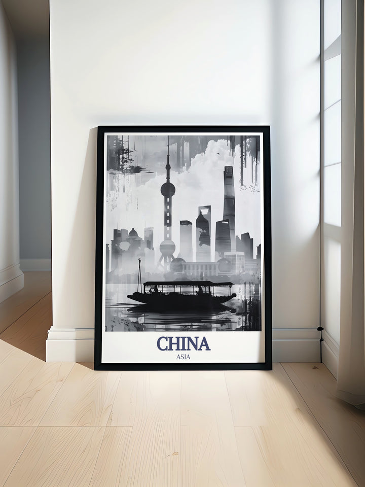 This Shanghai poster print showcases the iconic Oriental Pearl Tower alongside the towering Shanghai Tower, offering a stunning visual of the citys skyline. Its clean lines and vibrant colors reflect the energy of Shanghai, making it a must have for lovers of modern cityscapes. Perfect for adding a touch of sophistication to any room, this travel print will inspire admiration from all who see it.