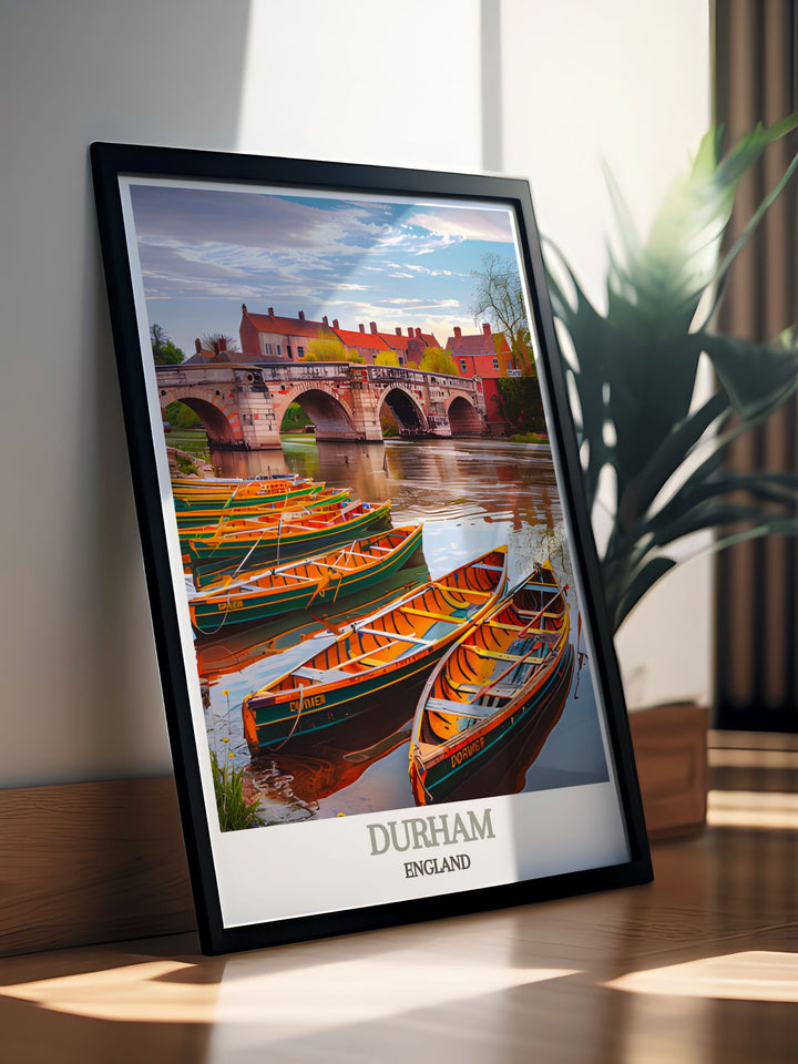 Durhams enchanting riverside is depicted in this poster, celebrating its historical significance and picturesque views, ideal for adding a touch of English charm to your home.