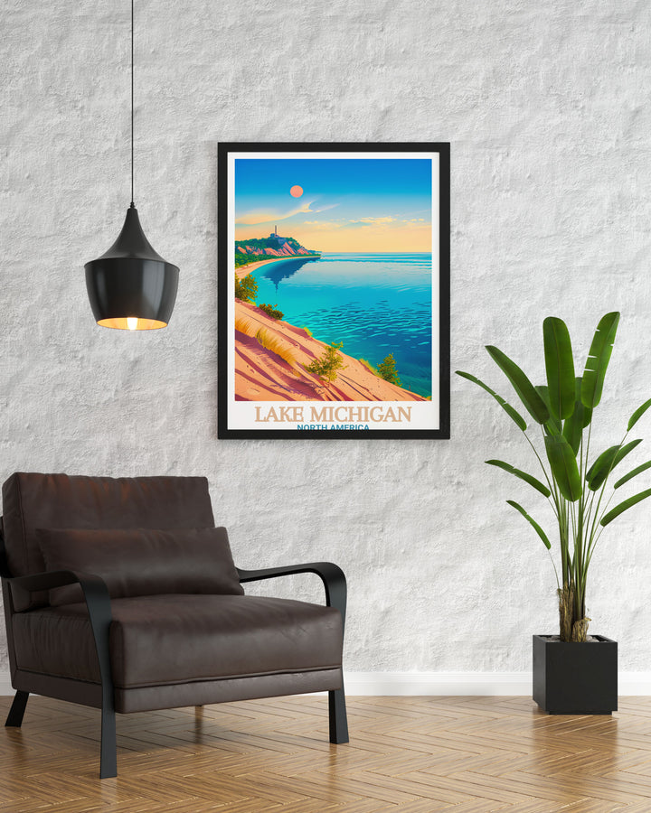 Great Lakes Poster featuring Sleeping Bear Dunes National Lakeshore and Lake Michigan is an ideal addition to your home decor. This travel poster combines minimalist wall art with the serene beauty of nature making it a perfect gift for all occasions.