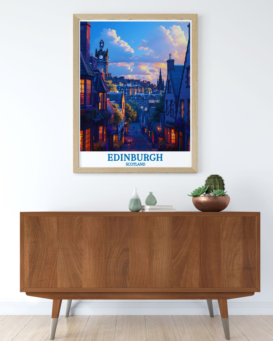 Travel poster of the Royal Mile, highlighting the vibrant atmosphere and medieval charm of this famous Edinburgh street.