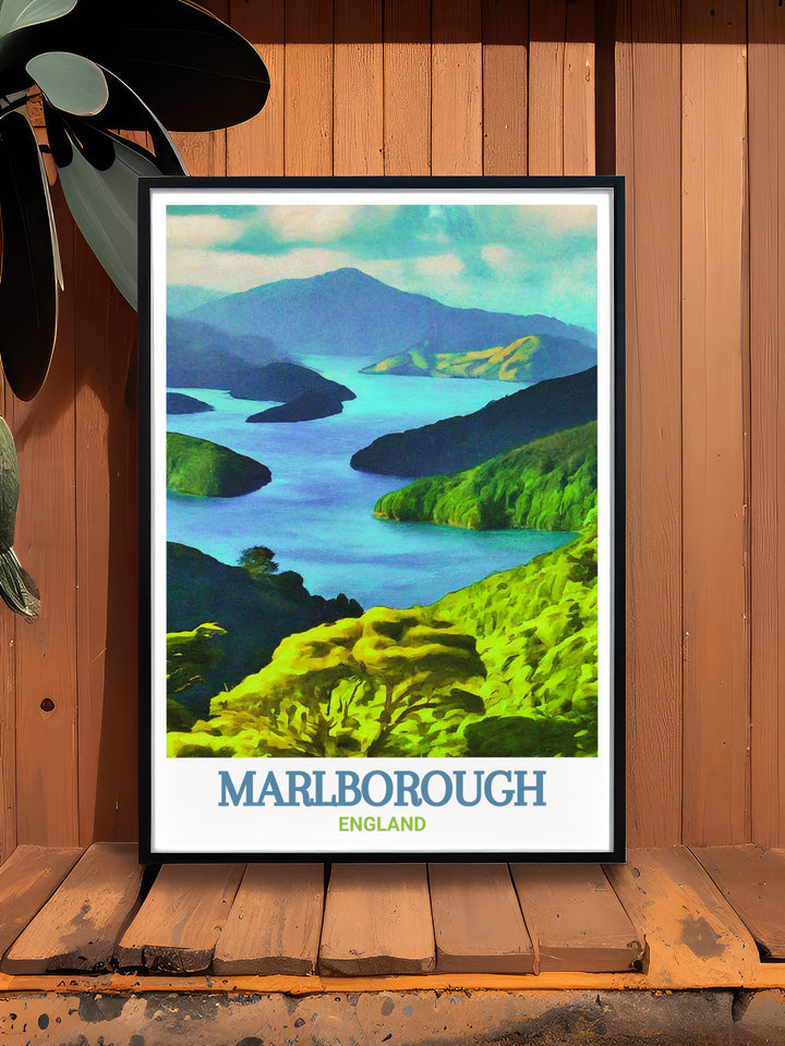 New Zealand travel poster featuring the picturesque landscape of Marlborough Sounds. Ideal for adding a touch of New Zealands charm to your decor. This print captures the elegance of the bays and the surrounding natural beauty.