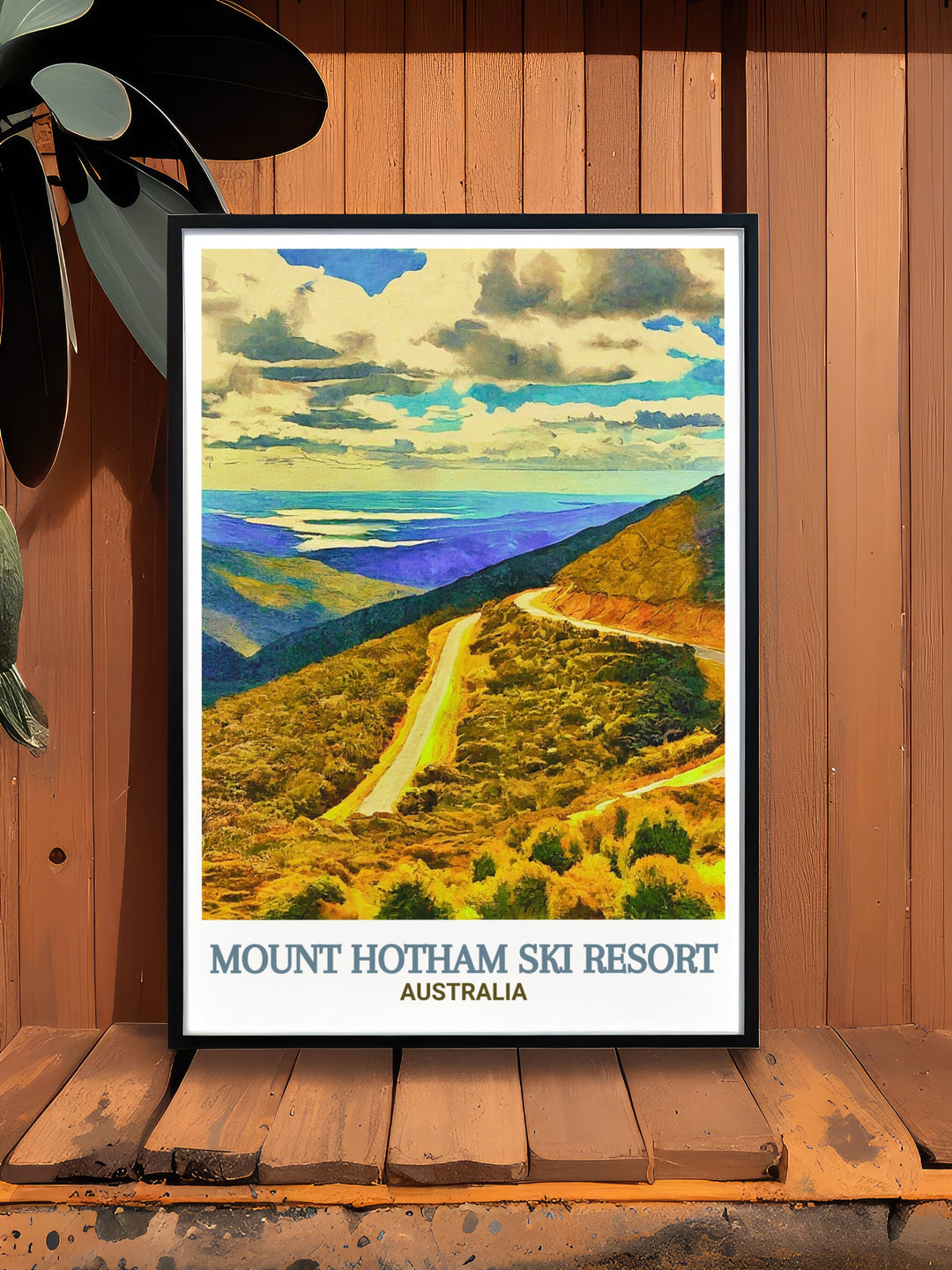 The snow covered slopes of Mount Hotham and the picturesque Great Alpine Road come to life in this travel poster. Perfect for nature lovers and adventure seekers, the artwork captures the stunning alpine beauty of Australias Victoria Alps.