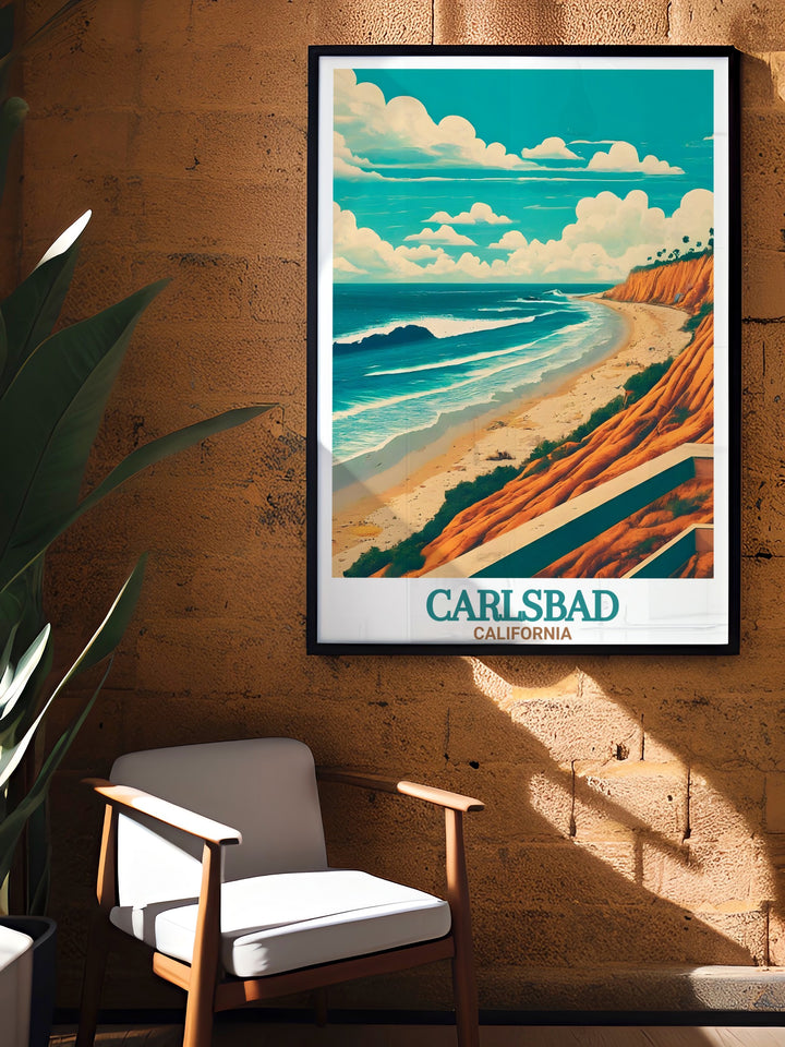 Perfect for anyone who loves the beach, this Carlsbad poster print depicts the stunning State Beach in Carlsbad, California. Its modern yet timeless design brings the spirit of the West Coast into your home.