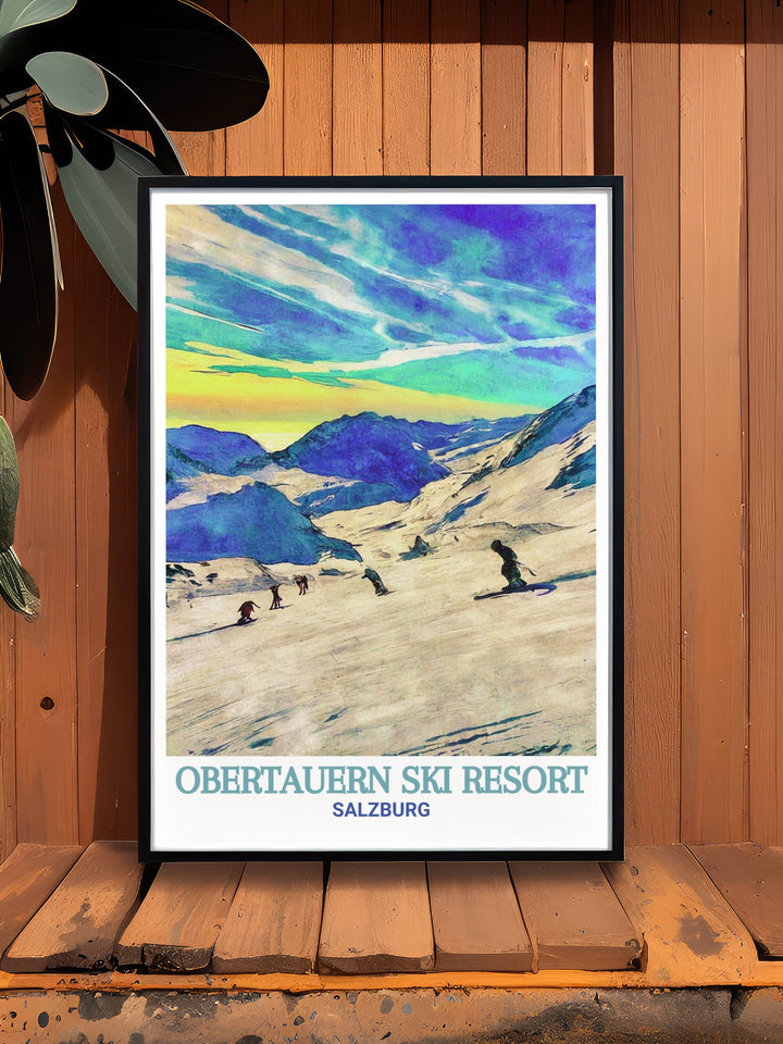 A vintage inspired poster of Obertauern Ski Resort featuring its snowy slopes and the surrounding Radstädter Tauern mountains. This print is a perfect piece of wall art for anyone drawn to Austrias beautiful winter landscapes.