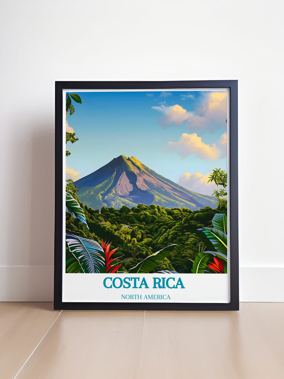 Captivating Costa Rica travel poster capturing the scenic beauty of Arenal Volcano and the lively atmosphere of Saint Teresa, perfect for enhancing your home or office with Costa Ricas iconic landmarks.