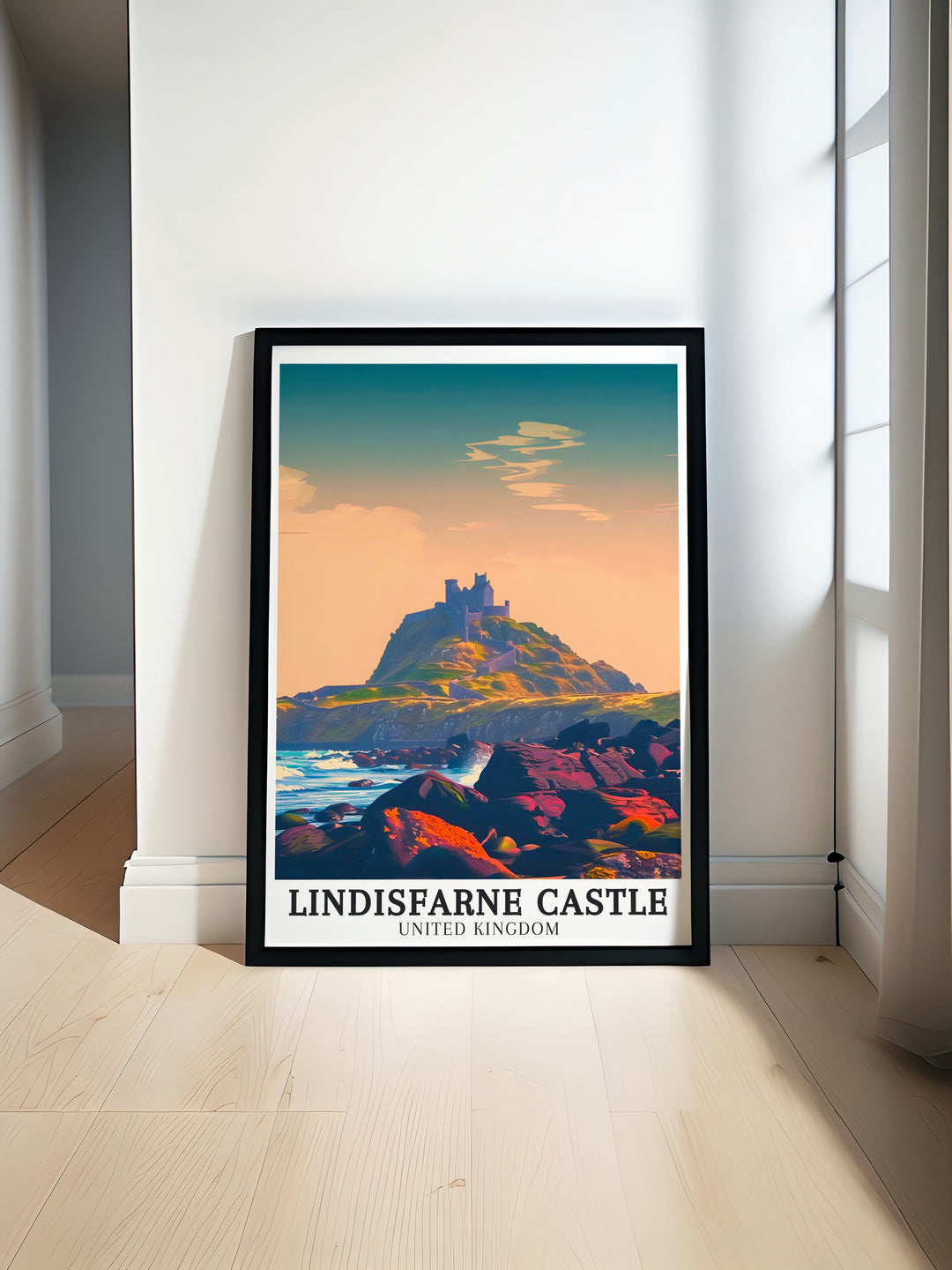 Lindisfarne Castle Art Print highlighting the historic fortress on Holy Island, framed by the sweeping vistas of Northumberland. This print is a stunning tribute to British heritage, making it a perfect addition to any collection of travel art.