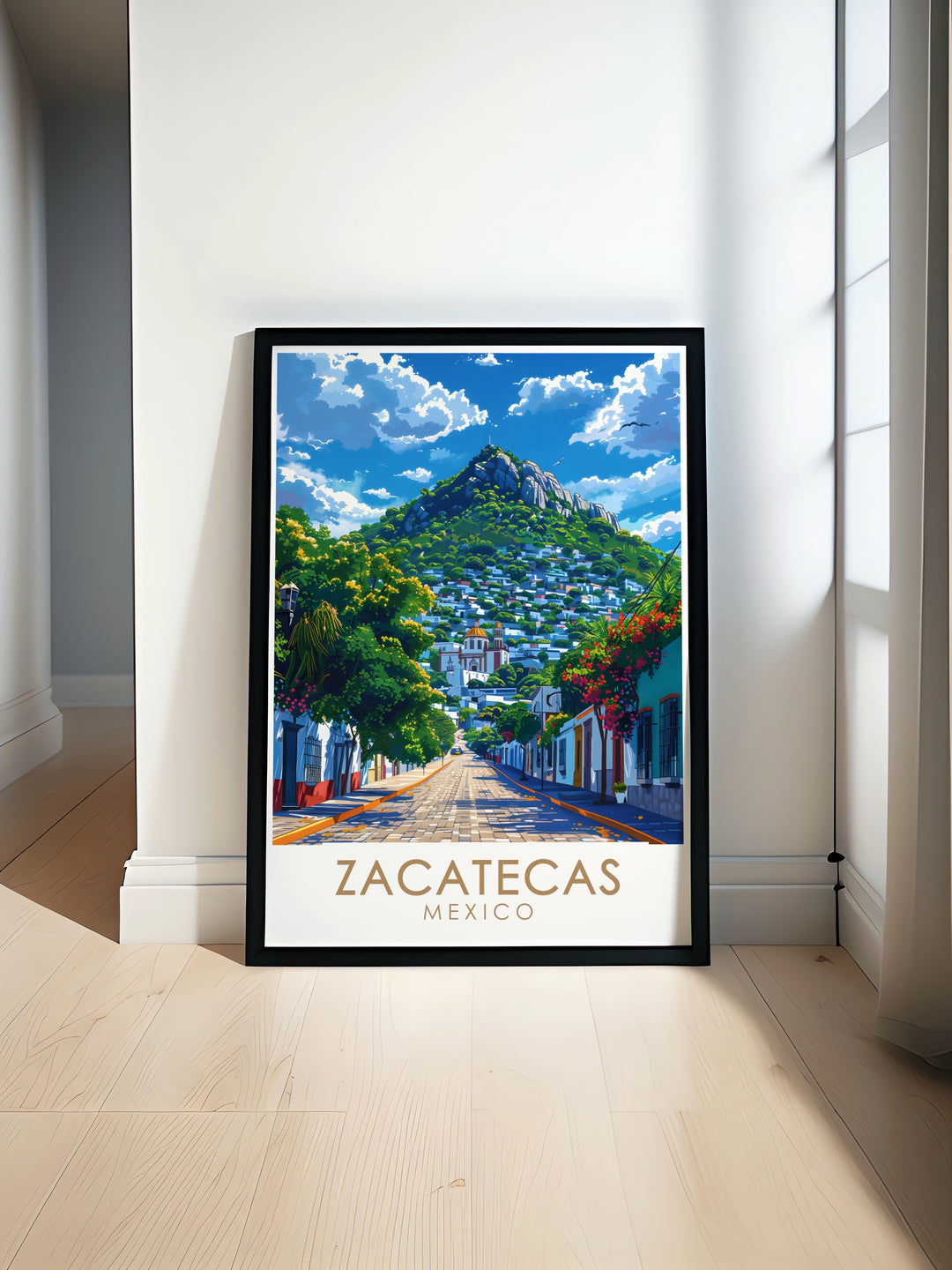 A vintage poster that celebrates the magnificence of Cerro de la Bufa in Zacatecas, showcasing the breathtaking landscapes of one of Mexicos most cherished locations. Perfect for any travel enthusiast.