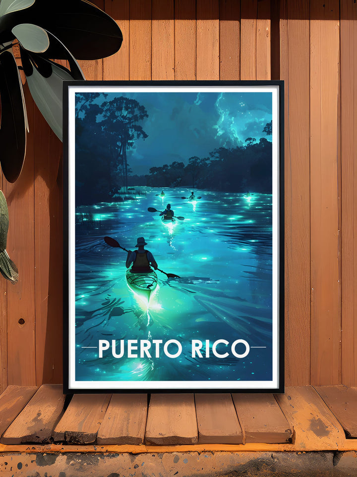 Unique Arecibo artwork showcasing the captivating Bioluminescent Lakes. Perfect for anniversary gifts, birthday gifts, and Christmas gifts, this piece combines the charm of Arecibo with the enchanting glow of its natural wonders, creating a timeless art print.