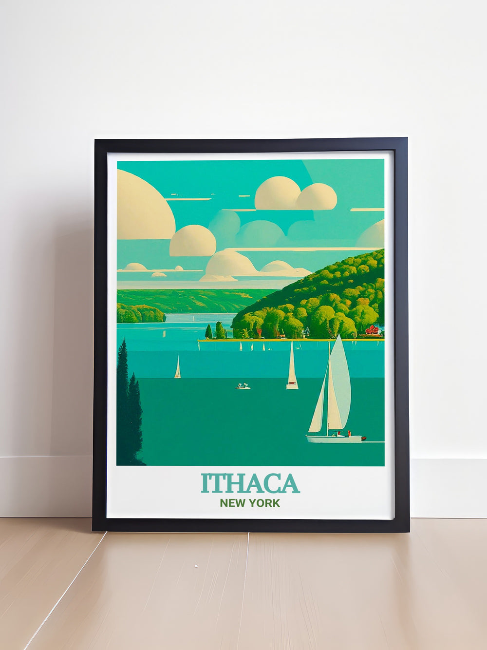 Captivating Ithaca wall decor featuring the scenic views of Cayuga Lake. The vibrant colors and intricate details of this print celebrate the beauty and tranquility of Ithaca, making it a meaningful addition to any living space.