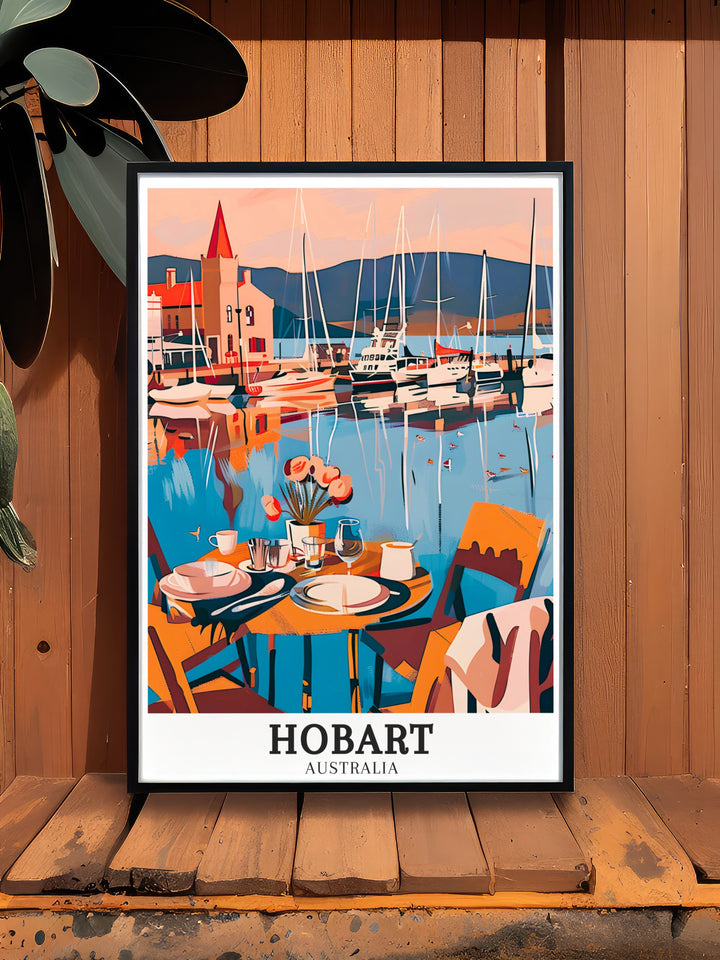 Stunning Hobart travel print capturing the lively Hobart Ferry Terminal and the serene River Derwent in Australia. The artwork reflects the unique blend of history, architecture, and natural beauty found in Hobart, making it a perfect piece for those who appreciate the art of Australia