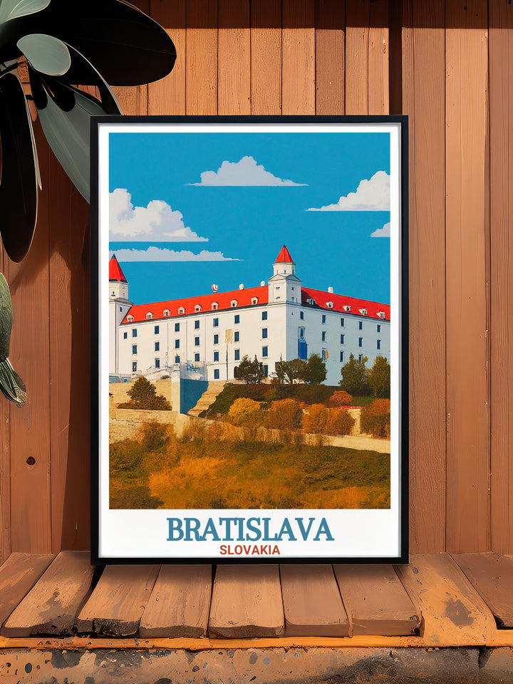 Unique Bratislava Castle prints blending modern art style with vintage charm ideal for art collectors and anyone who appreciates stunning architectural details and historical landmarks