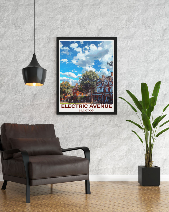 The energetic atmosphere of Electric Avenue and Windrush Square is captured in this art print, perfect for adding a touch of Londons vibrant culture to your home.