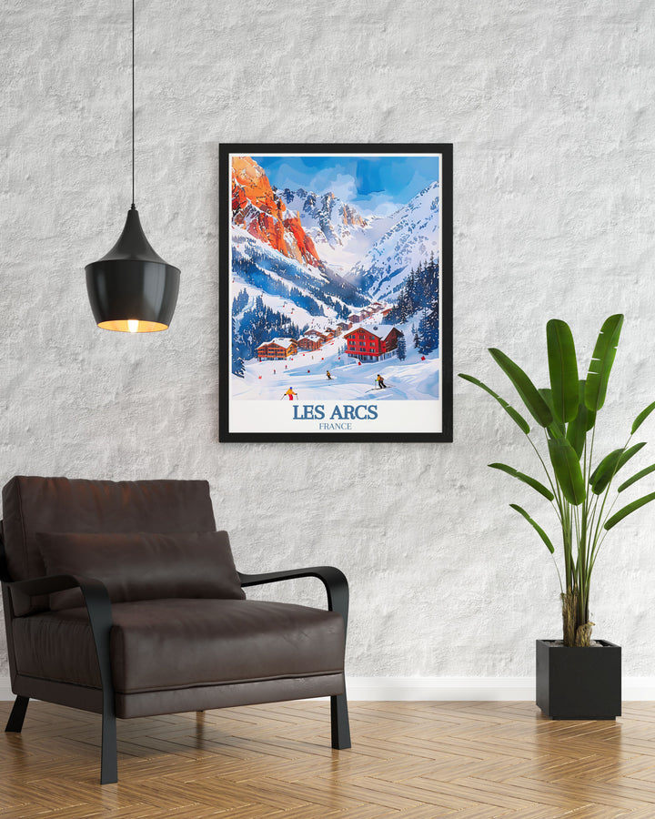 Elegant home decor with Aiguille Rouge Mont Blanc prints from Les Arcs perfect for modern art lovers and collectors of skiing posters looking to add a touch of sophistication
