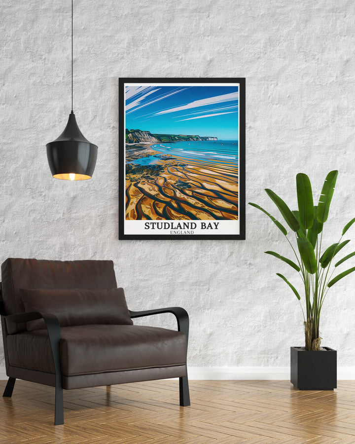 Elegant England travel poster showcasing the stunning views of Studland Bay and Middle Beach Dorset Beaches. This print adds a serene coastal touch to your home making it a wonderful gift for travelers or anyone who loves Englands beaches and decor.