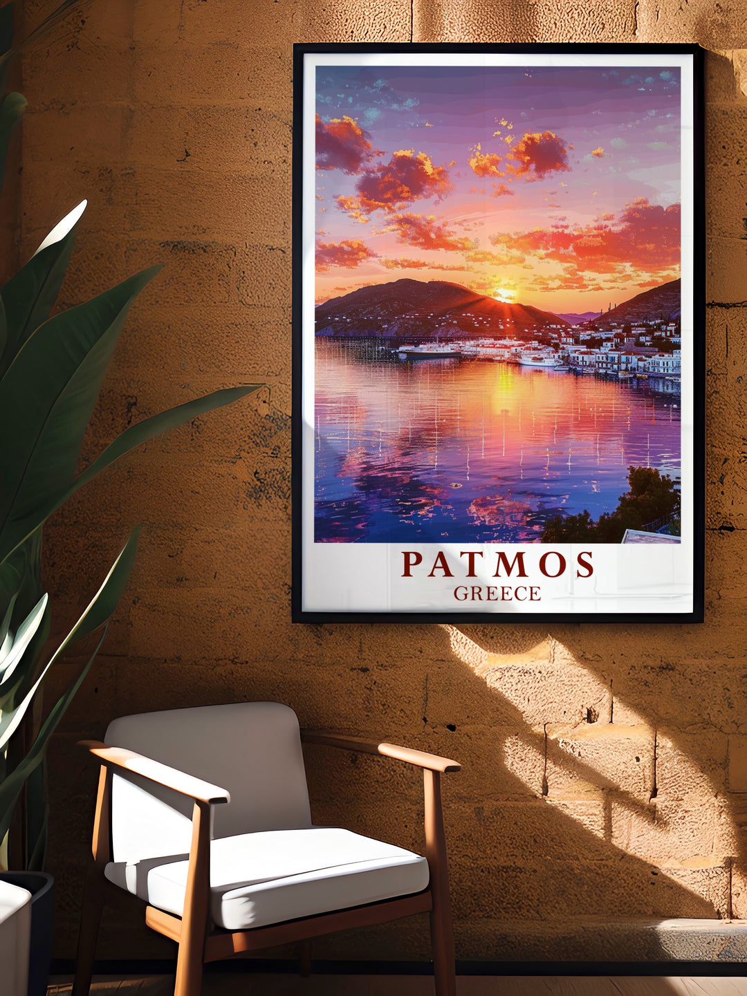 Skala Harbor framed prints and Patmos greek decor perfect for adding a touch of Greek elegance to your living room or office this artwork captures the essence of Patmos islands and Skala Harbor creating a peaceful and calming environment in any space