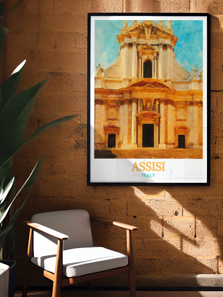 Vibrant Assisi wall art featuring the Basilica of Saint Francis of Assisi in Italy. This Italy artwork captures the grandeur of the basilica and the timeless charm of Assisi, ideal for those who appreciate Italys rich history and wish to bring a piece of it into their home