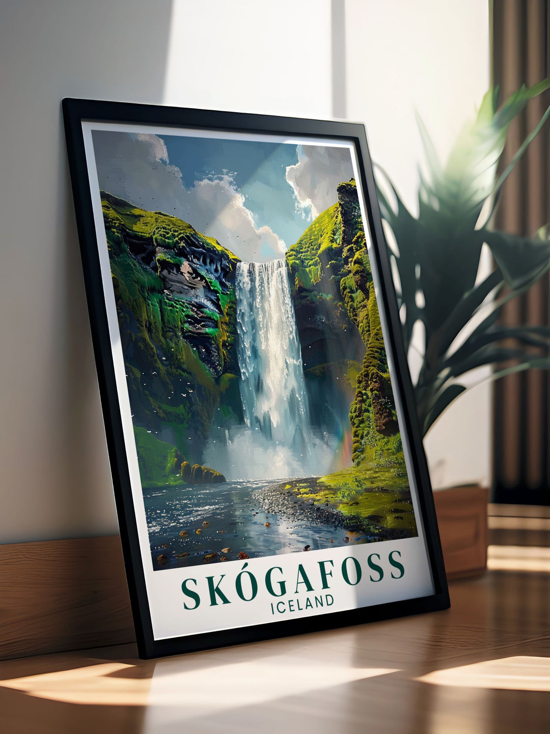 Skogafoss waterfall framed print showcasing the stunning waterfall in vibrant detail an ideal gift for travel lovers and nature enthusiasts looking to enhance their home decor.
