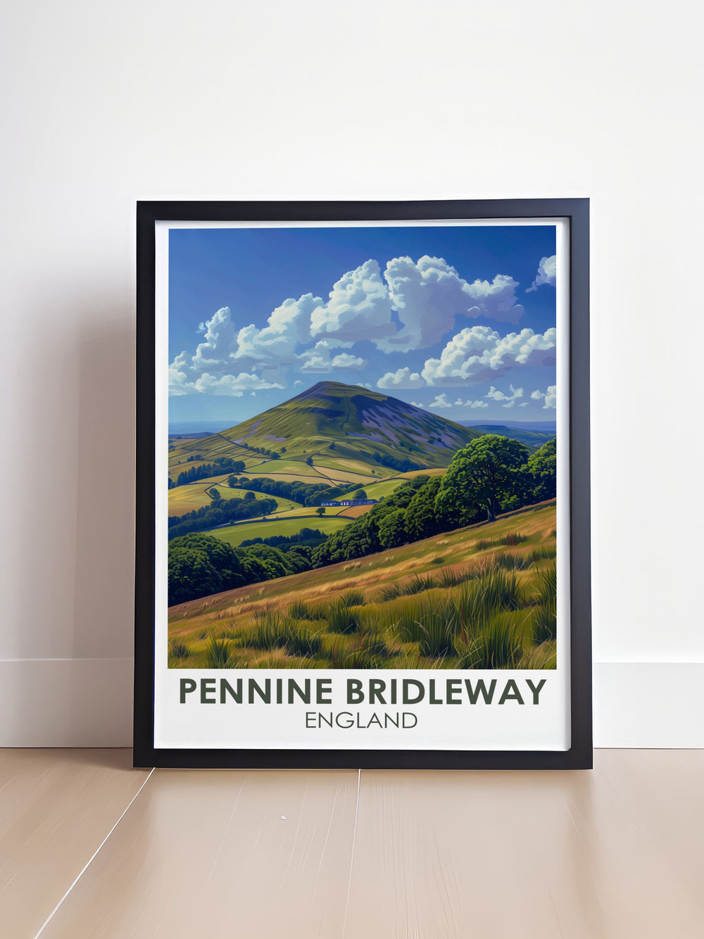 Elevate your home decor with Pendle Hill framed prints which blend modern art with the timeless charm of the Pennines. These prints are perfect for those who appreciate UK travel posters and wish to add a touch of the countryside to their living room. Pendle Hill is beautifully captured in this artwork