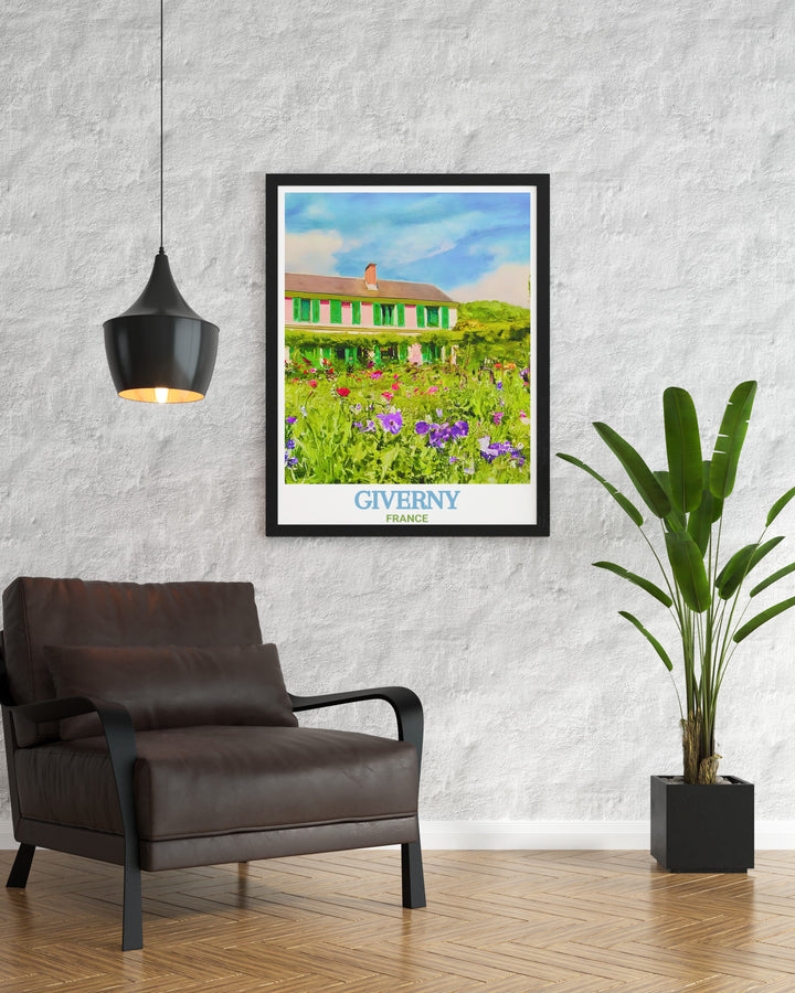 Giverny, France, comes alive in this Claude Monet inspired travel poster. The artwork captures the peaceful essence of Monets famous gardens, with colorful blooms and reflections in the lily ponds adding to the charm.