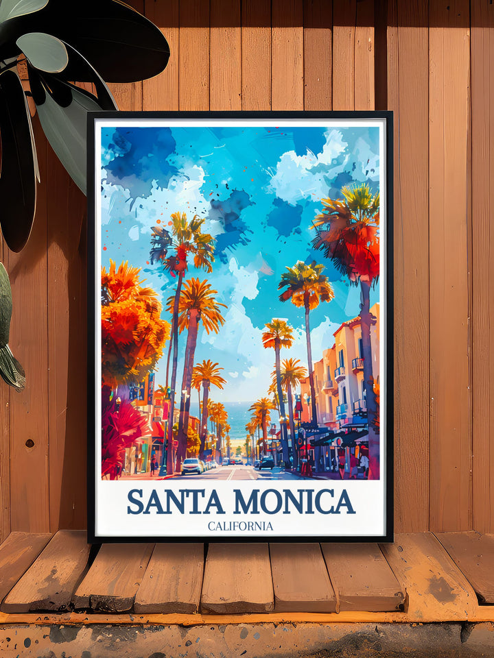 This poster features the timeless appeal of Santa Monica Pier, emphasizing its historic significance, amusement rides, and scenic ocean views, perfect for beach home decor.