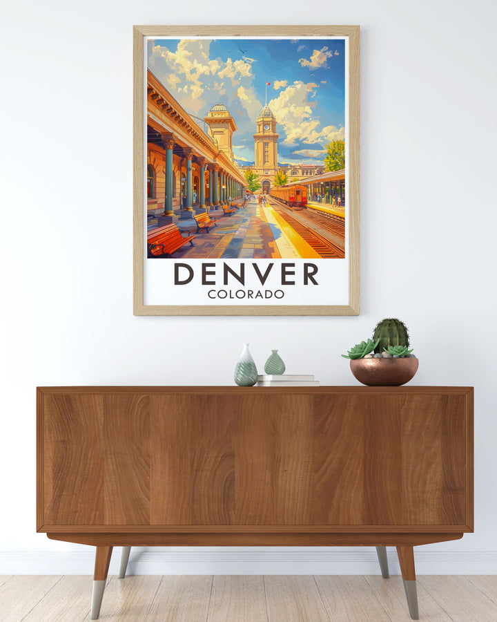This art print of Denver Union Station showcases the elegant facade and historical significance of this iconic landmark, ideal for fans of architectural beauty and history.
