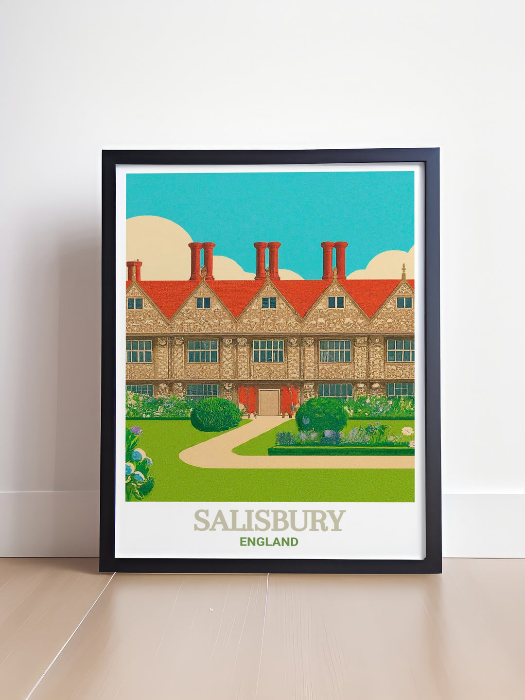 Wall poster featuring the historic city of Salisbury, with a focus on the elegant Mompesson House. A perfect gift for anyone who loves England or dreams of visiting this charming city.