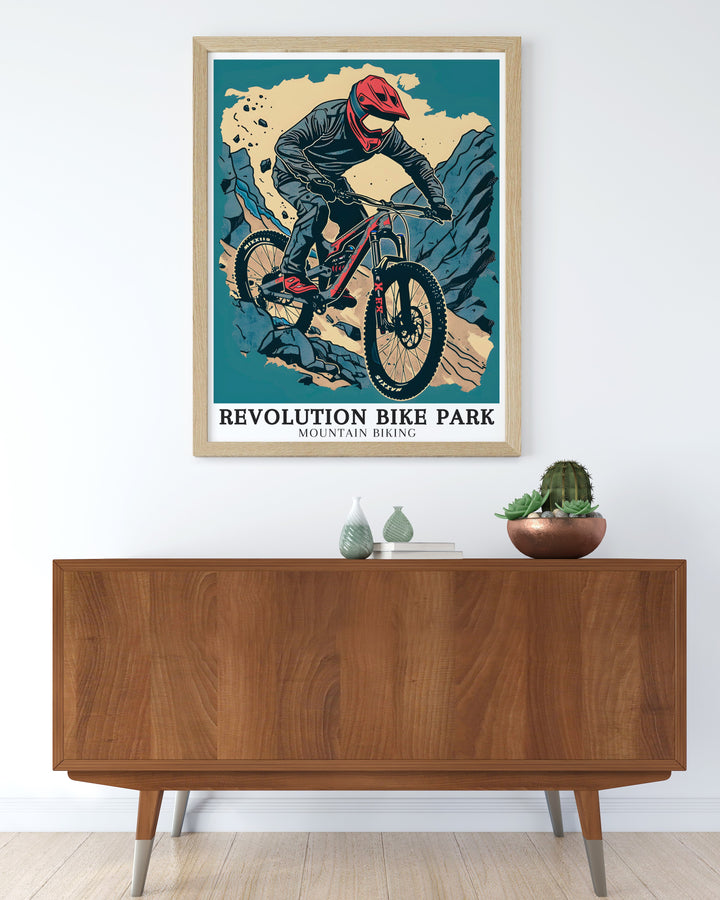 Revolution Bike Park art featuring The Dark Side Trail. Showcasing the dynamic energy and stunning scenery of this famous Welsh bike park. Perfect for those who love mountain biking and outdoor adventures.