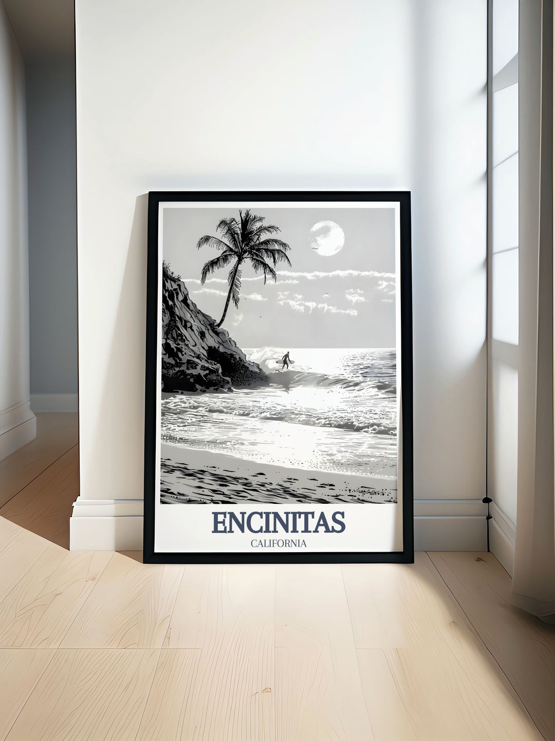 California poster featuring Moonlight Beach, Swamis Surf Spot with vibrant colors and detailed cityscape perfect for home decor and personalized gifts travel poster print showcasing the serene beauty of Encinitas Beach and iconic surf spots