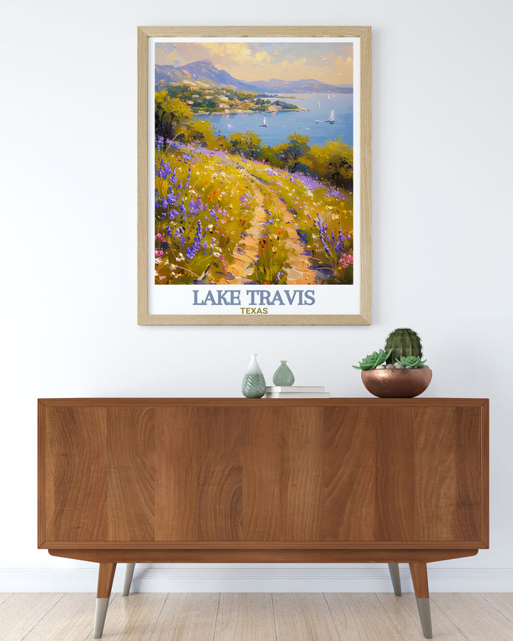 Bring the beauty of Lake Travis into your home with this detailed travel poster print. Featuring the peaceful waters of this iconic Texas lake, its ideal for nature lovers and art enthusiasts who appreciate scenic landscapes.