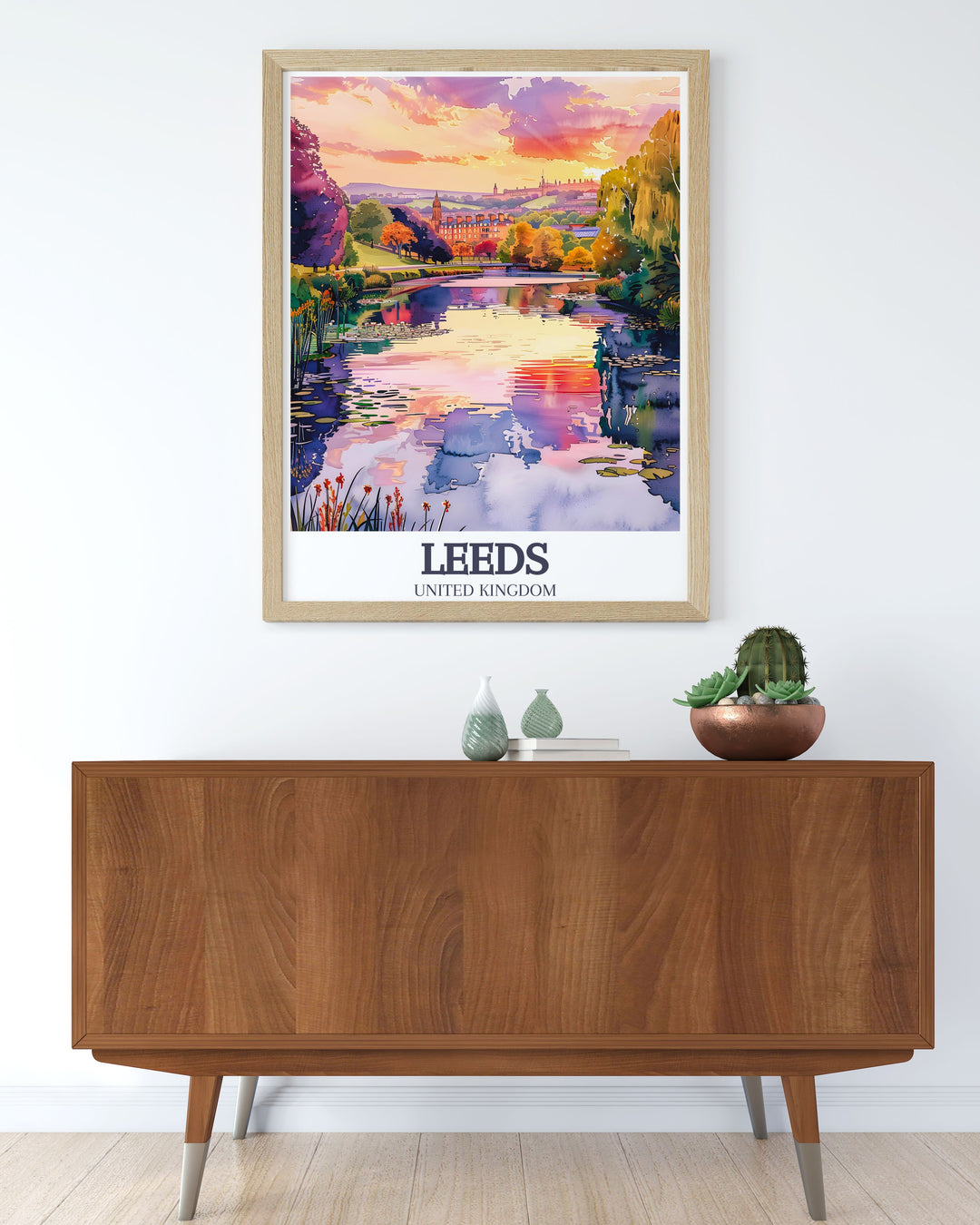 Serene Roundhay Park and Waterloo Lake travel poster showcasing the picturesque landscape of Leeds. Ideal for those who love England art and want to bring a piece of nature into their home decor with this captivating Roundhay Park artwork.