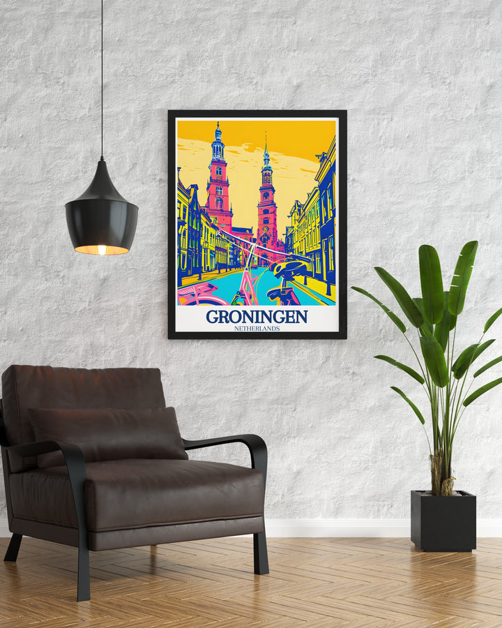 A detailed Netherlands print showcasing Groningens iconic Martini Tower, Aa Church, and University of Groningen. This print highlights the rich history and vibrant culture of one of the Netherlands most cherished cities, perfect for art lovers and travelers.