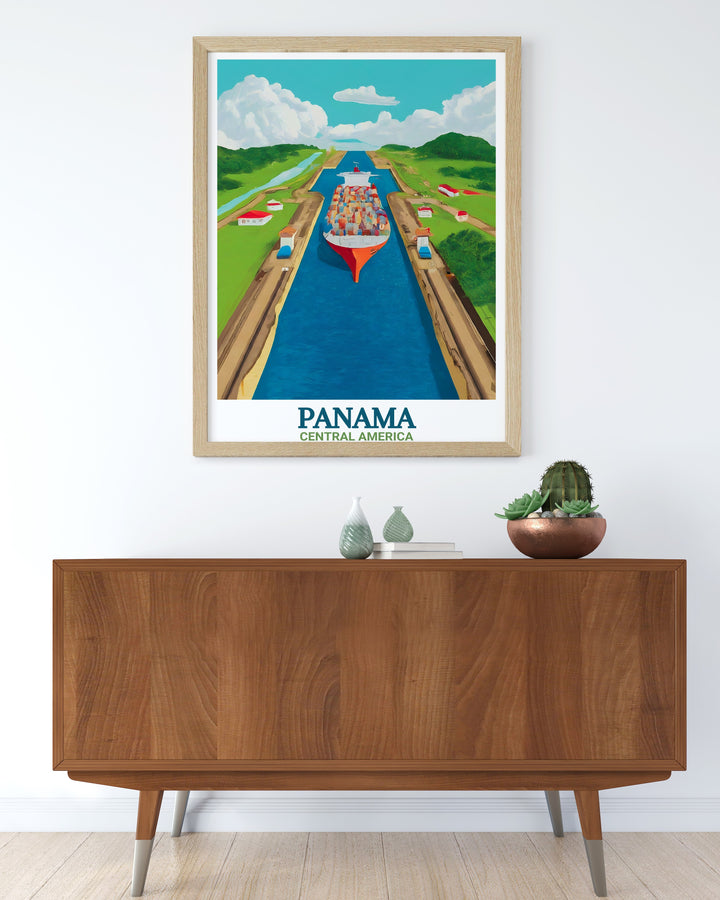 Panamas rich history comes to life with this beautiful Panama Canal artwork. This travel print is ideal for any wall decor, perfect for those who are fascinated by one of the worlds greatest engineering achievements.