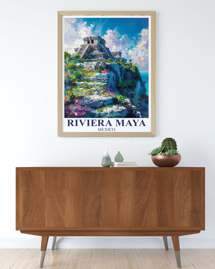 This Riviera Maya travel poster celebrates the historic Tulum ruins, set against the vivid backdrop of the Mexican coast. Its the perfect decor for anyone who loves beach art and appreciates the allure of ancient landmarks.