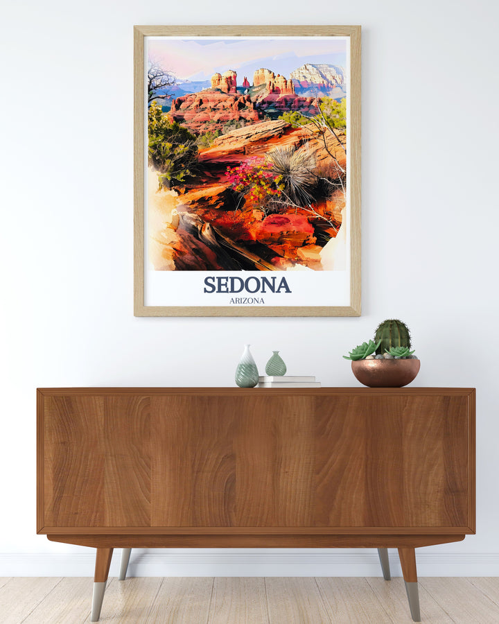 Sedona Art Print displaying Cathedral Rock and Bell Rock with rich textures and vibrant hues perfect for creating a striking focal point in your home.