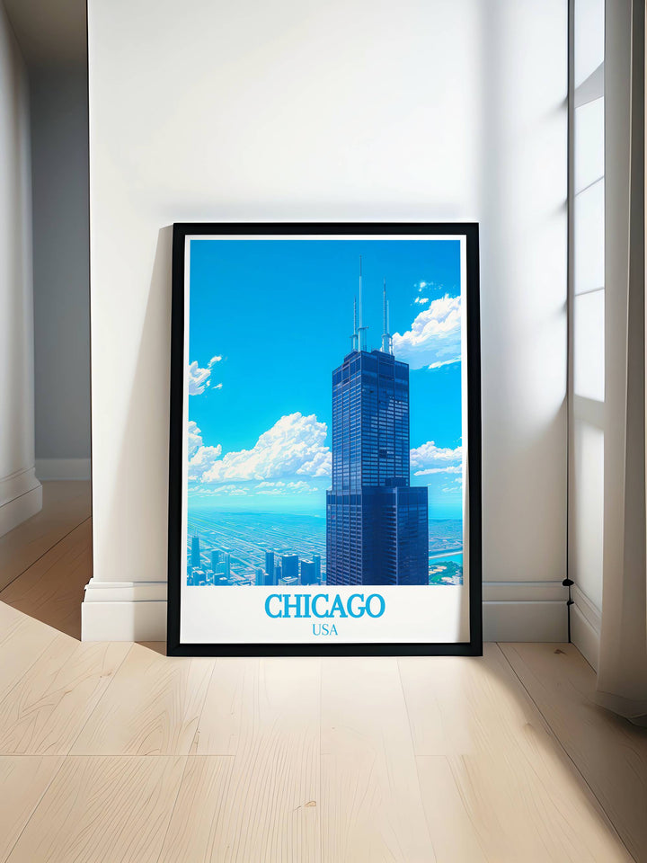Chicago wall art featuring The Willis Tower Formerly Sears Tower capturing the essence of this iconic skyscraper. Perfect for enhancing your home decor or as a thoughtful gift for architecture enthusiasts and Chicago lovers.