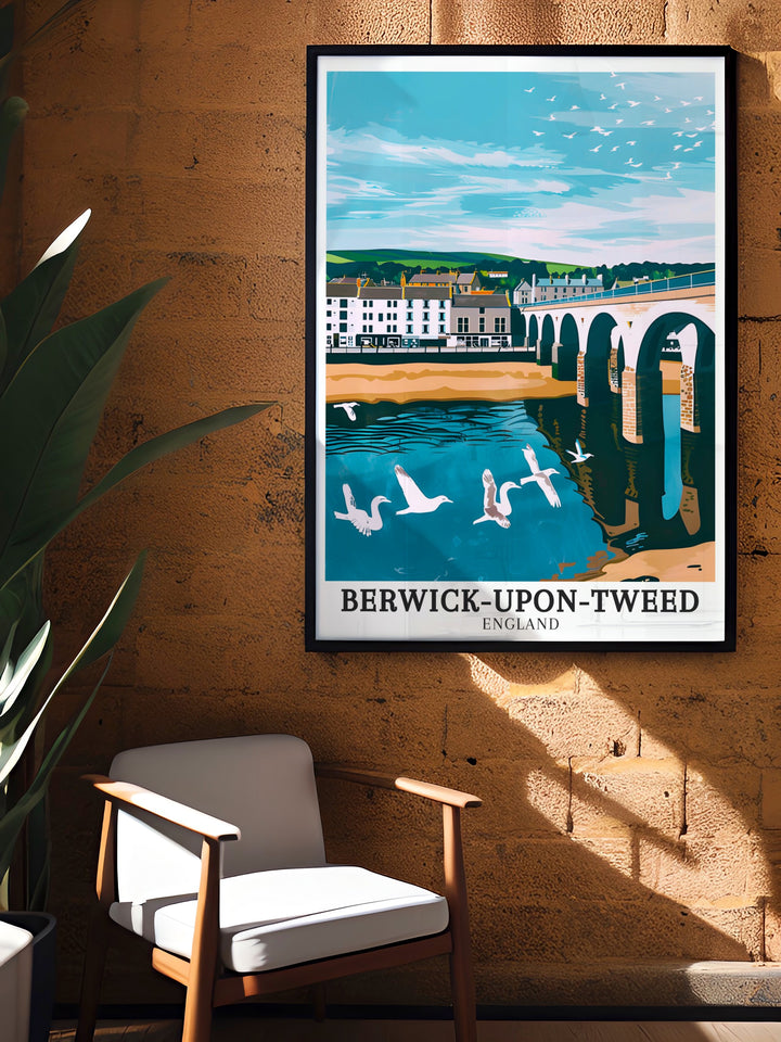 A framed art print of Berwick upon Tweeds Berwick Bridge and Harbour, highlighting the towns historical significance and scenic waterfront. This British travel poster is perfect for adding a touch of Northumberlands charm to your home.