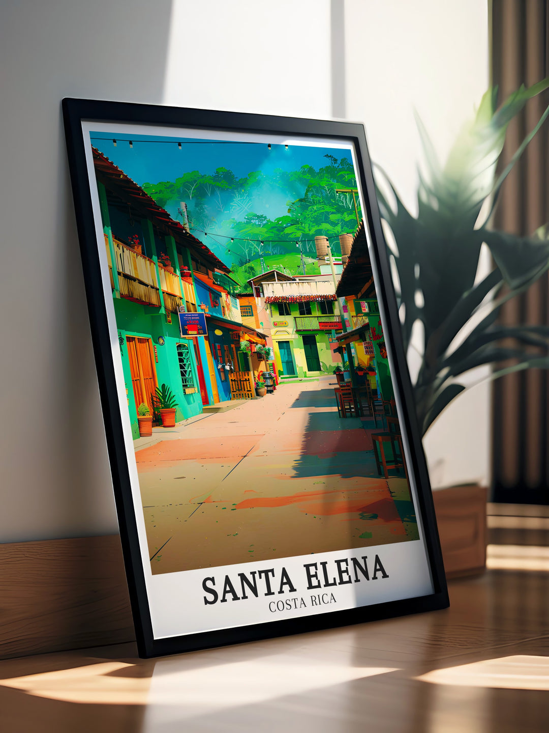 Elegant Santa Elena art showcasing Monteverde Cloud Forest Reserve and Central Plaza. This Costa Rica print is ideal for modern home decor offering a beautiful way to experience the tropical beauty of Costa Ricas most iconic natural and cultural landmarks.