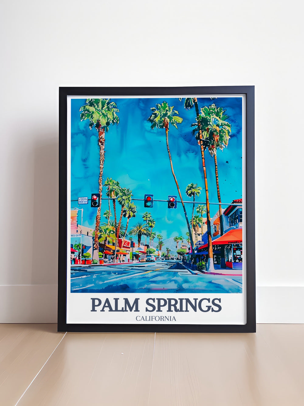 Palm Canyon Drive Travel Print capturing the lively atmosphere of this iconic Palm Springs road. Paired with a detailed depiction of Downtown, this canvas art brings the spirit of California into your living space. Perfect for travel enthusiasts and art lovers alike.