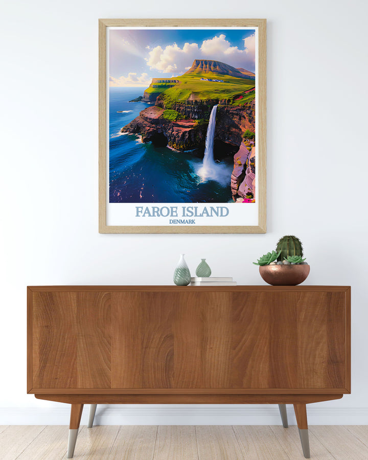 Múlafossur Waterfall is highlighted in this travel poster, capturing its majestic charm and the serene beauty of the Faroe Islands, perfect for your living space.