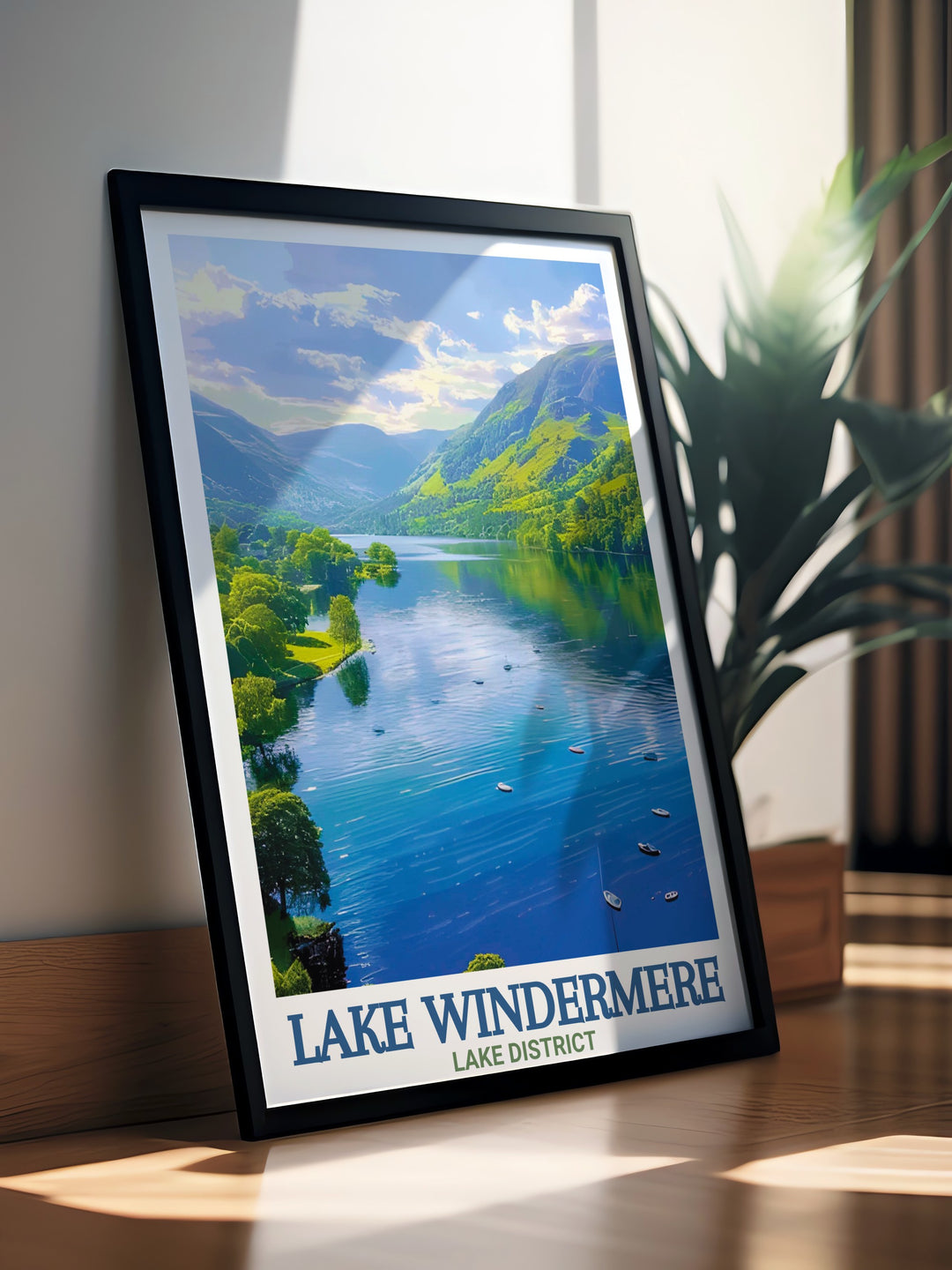 Lake Windermere and the Lake District come together in this stunning vintage poster, showcasing the timeless beauty of Cumbrias largest lake. This travel print is perfect for those who love the outdoors and want to bring a scenic landscape into their home decor.