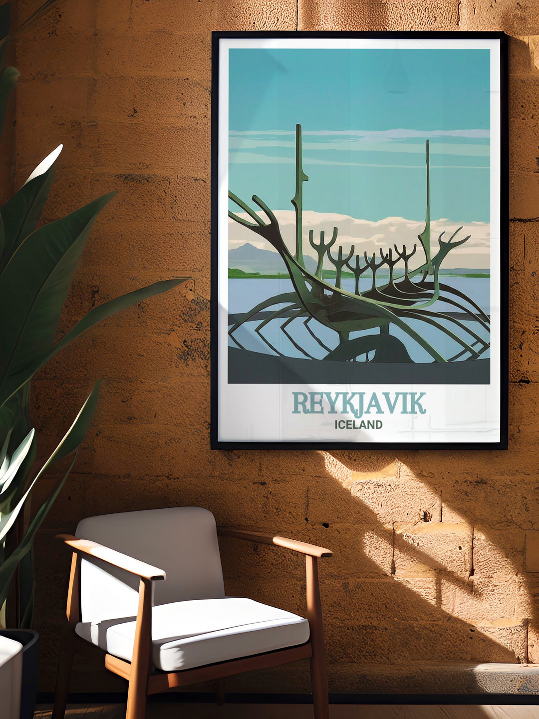 Reykjavik travel poster showcasing the Sun Voyager sculpture, one of Reykjaviks most iconic landmarks, against the stunning seascape. This vintage style wall poster brings a touch of Nordic elegance to any space.