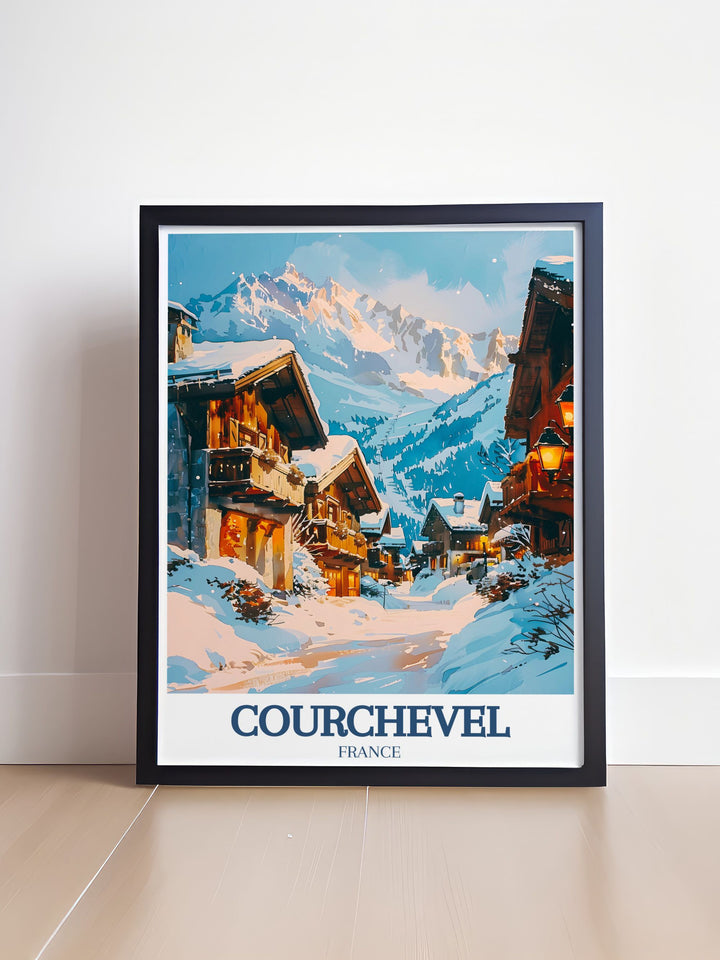 This artistic poster captures the luxurious ambiance of Courchevel 1850 and the stunning landscapes of the French Alps, perfect for adding a touch of alpine elegance to your decor.