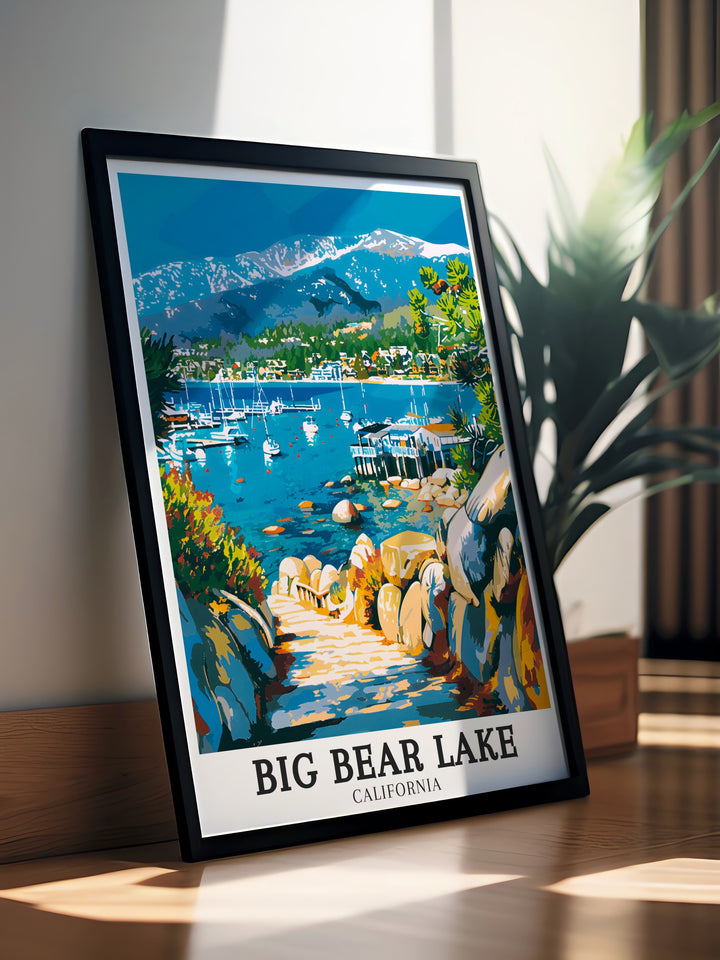 Framed art of Alpine Village in Big Bear Lake depicting its quaint streets and inviting atmosphere perfect for bringing a touch of storybook charm into your decor