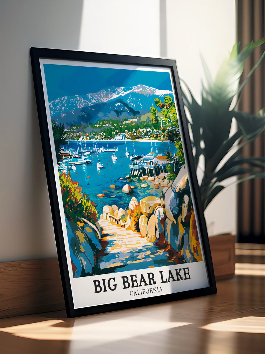 Framed art of Alpine Village in Big Bear Lake depicting its quaint streets and inviting atmosphere perfect for bringing a touch of storybook charm into your decor
