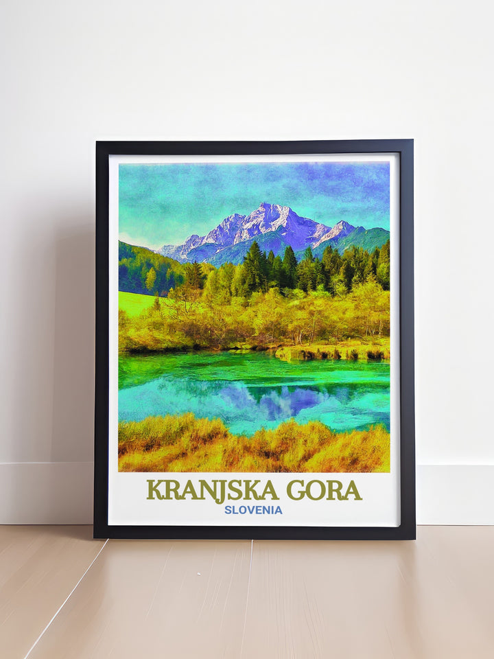 Captivating Zelenci Nature Reserve wall decor featuring the serene ponds and vibrant greenery of Kranjska Gora. The vibrant colors and intricate details of this print celebrate the beauty and tranquility of Zelenci Nature Reserve, making it a meaningful addition to any living space.