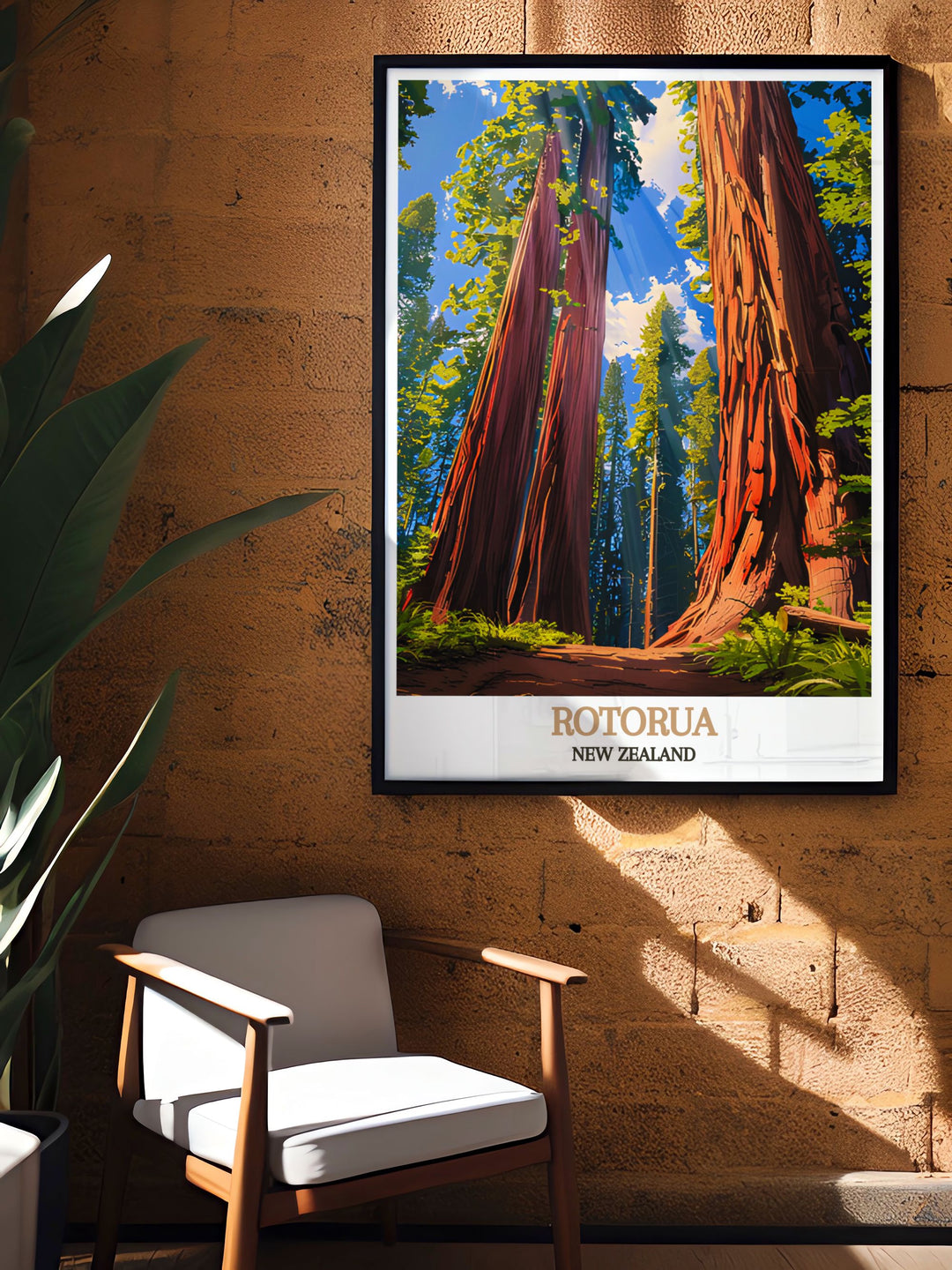 Captivating Redwoods Forest decor featuring a picturesque scene from Rotorua New Zealand. This print is perfect for adding a touch of nature to your living space. An excellent choice for those who love New Zealand travel and art.