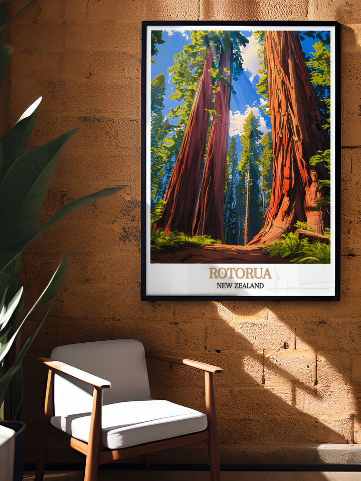 Captivating Redwoods Forest decor featuring a picturesque scene from Rotorua New Zealand. This print is perfect for adding a touch of nature to your living space. An excellent choice for those who love New Zealand travel and art.