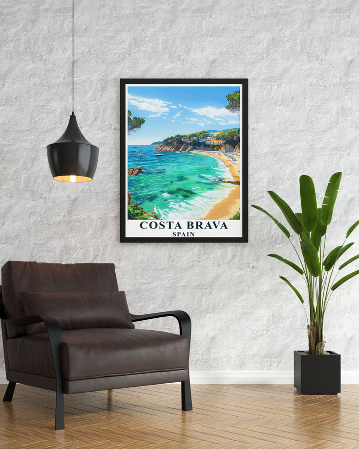 This Costa Brava travel print celebrates the picturesque beauty of Spains coastal region. The artwork is perfect for Spain wall décor or as a special gift for anyone who appreciates Mediterranean landscapes and serene beach views.