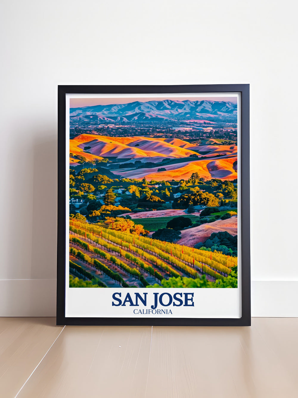 This California inspired print of San Jose includes the scenic Almaden Valley and the majestic Santa Cruz Mountains. The detailed design and vibrant colors make this poster a perfect piece for those who love Californias rich geography.